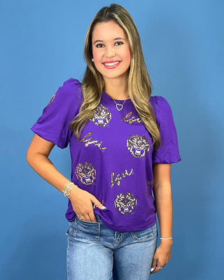 Tailgate Glam Sequin & Embroidery Puff Sleeve Top - All About You