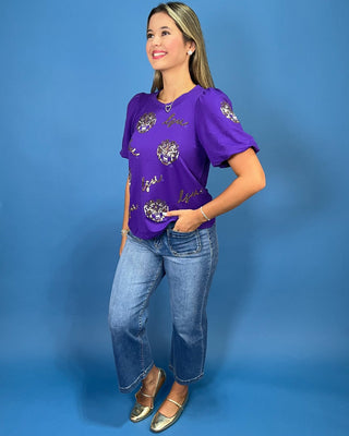 Tailgate Glam Sequin & Embroidery Puff Sleeve Top - All About You