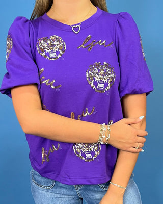 Tailgate Glam Sequin & Embroidery Puff Sleeve Top - All About You