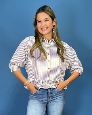 Tailgate Ready Purple Stripe Ruffle Hem Top - All About You