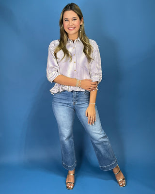 Tailgate Ready Purple Stripe Ruffle Hem Top - All About You