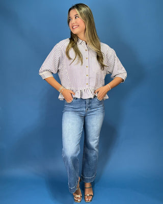 Tailgate Ready Purple Stripe Ruffle Hem Top - All About You