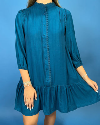 Teal Grace Button Front Lace Detail Mini Dress - All About You