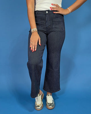 The Bethany HR Dark Wash Striped Crop Wide Jeans - All About You