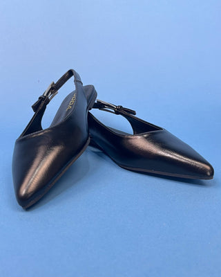 A pair of black leather pointed-toe slingback flats with a small bow detail on the instep, displayed on a solid blue b