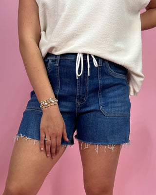 The Jenna HR Drawstring Raw Hem Denim Shorts - All About You