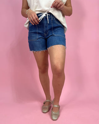 The Jenna HR Drawstring Raw Hem Denim Shorts - All About You