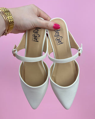 The Penelope White Pointed Toe Mule - All About You