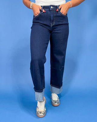 The Remi Dark Wash HR Cuffed Ankle Wide Leg Jeans - All About You