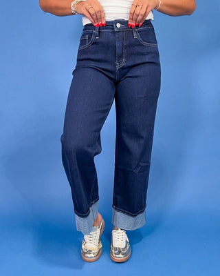 The Remi Dark Wash HR Cuffed Ankle Wide Leg Jeans - All About You