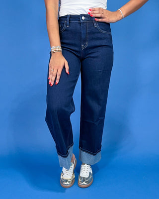 The Remi Dark Wash HR Cuffed Ankle Wide Leg Jeans - All About You