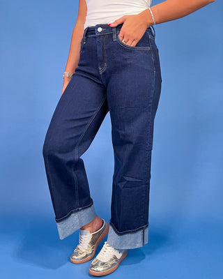 The Remi Dark Wash HR Cuffed Ankle Wide Leg Jeans - All About You