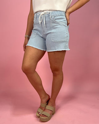 The Serena Pinstripe HR Patch Pocket Drawstring Shorts - All About You