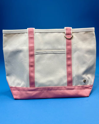 Large heavyweight canvas tote bag with contrast trim, reinforced shoulder straps, exterior slip pocket, and spacious
