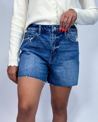 A model wearing high-waisted, frayed-hem blue denim shorts