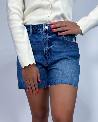 A model wearing high-waisted, frayed-hem blue denim shorts