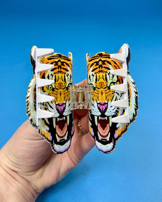 Oversized tiger head claw hair clip featuring a roaring tiger design with durable spring hinge and secure grip for game day