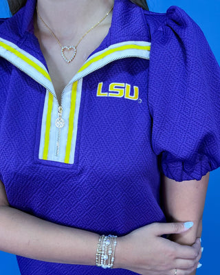 Tiger Time Purple Zip Puff Sleeve Dress - All About You