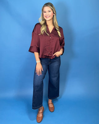 Timeless Wine Satin Button Detail Top - All About You