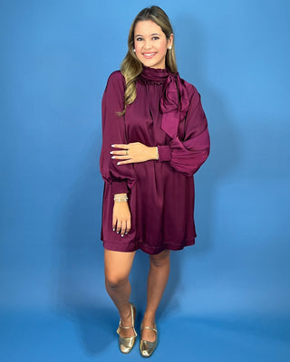 Timeless Wine Satin Tie Neck Detail Shift Dress - All About You