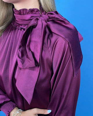 Timeless Wine Satin Tie Neck Detail Shift Dress - All About You