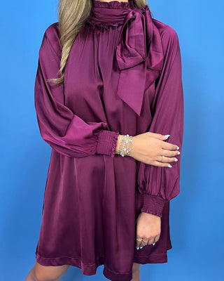 Timeless Wine Satin Tie Neck Detail Shift Dress - All About You