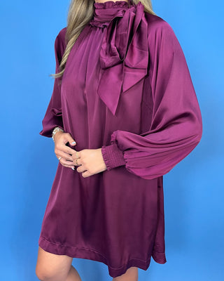 Timeless Wine Satin Tie Neck Detail Shift Dress - All About You