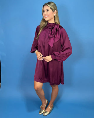 Timeless Wine Satin Tie Neck Detail Shift Dress - All About You