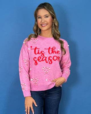Tis' The Season Candy Cane Hearts Pink Knit Christmas Sweater - All About You