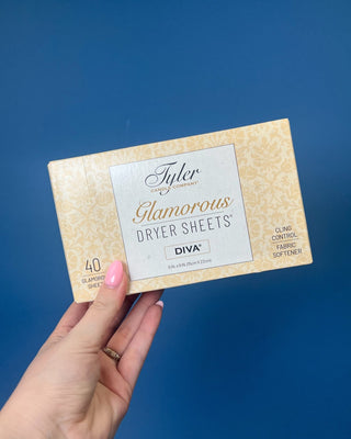 Box of Tyler Candle Company Diva Glamorous Dryer Sheets featuring 40 scented fabric softener sheets with static control.