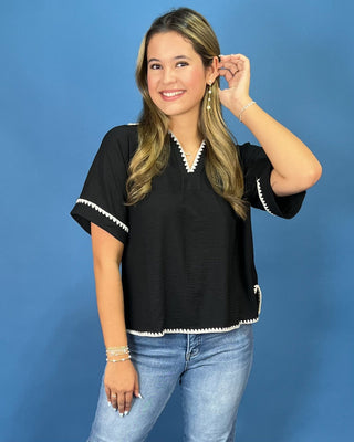 Uptown Black Contrast Embroidery Trim Top - All About You