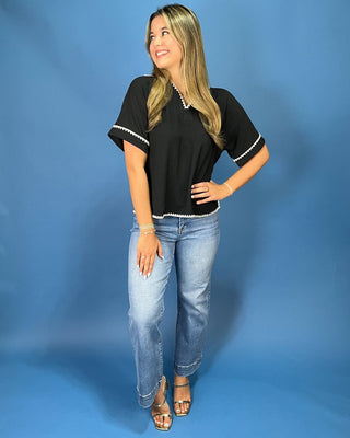 Uptown Black Contrast Embroidery Trim Top - All About You