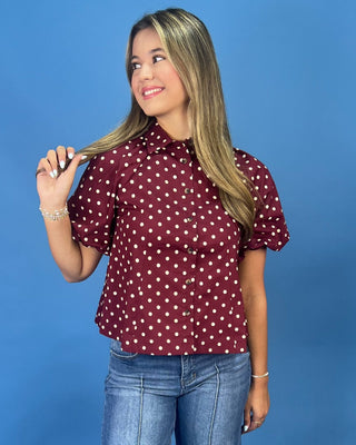 Vineyard Burgundy Polka Dot Button Up Shirt - All About You