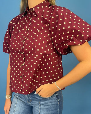 Vineyard Burgundy Polka Dot Button Up Shirt - All About You