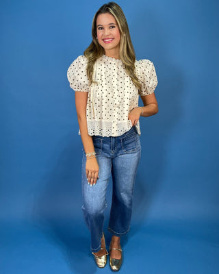 Vintage Ivory Polka Dot Eyelet Hemline Top - All About You