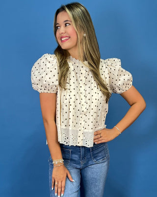 Vintage Ivory Polka Dot Eyelet Hemline Top - All About You