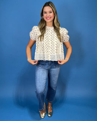 Vintage Ivory Polka Dot Eyelet Hemline Top - All About You