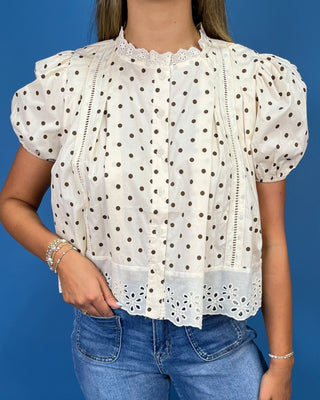 Vintage Ivory Polka Dot Eyelet Hemline Top - All About You