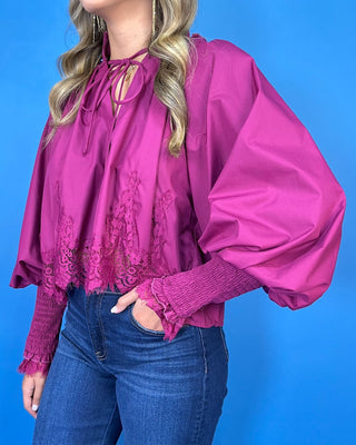 Vintage Romance Magenta Smocked Tie Neck Lace Puff Sleeve Top - All About You
