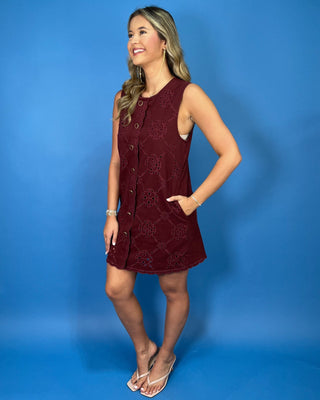 Vintage Vineyard Wine Eyelet Button Detail Sleeveless Dress - All About You