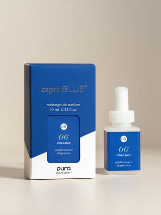 Capri Blue perfume recharge and bottle on a beige background