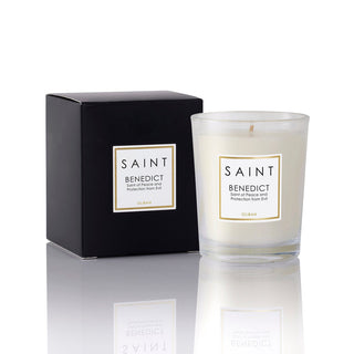 Saint Benedict candle with black packaging on a white background