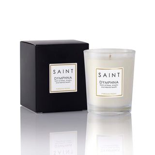 Saint Dymphna candle with black packaging on a white background