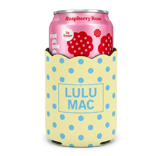 Pink can of raspberry rose pop with a yellow polka dot can cooler labeled 'LULU MAC' on a white background