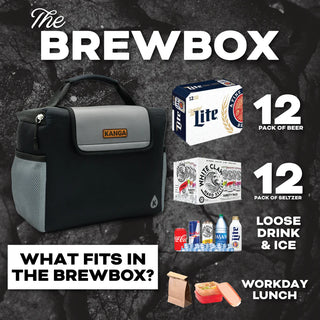 Promotional image of 'The BrewBox' with Kanga bag, beer and seltzer packs, and loose drinks.