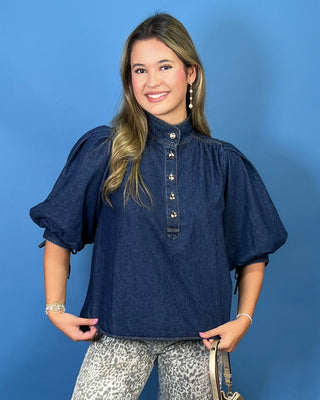 Willow Creek Dark Denim Drop Hem Tie Sleeve Top - All About You