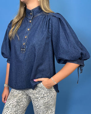 Willow Creek Dark Denim Drop Hem Tie Sleeve Top - All About You