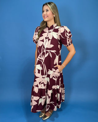 Wine Country Floral Puff Sleeve Midi Dress - All About You