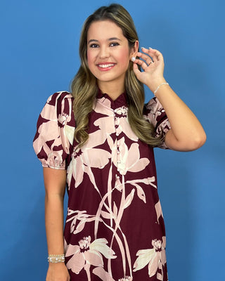 Wine Country Floral Puff Sleeve Midi Dress - All About You