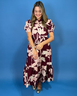 Wine Country Floral Puff Sleeve Midi Dress - All About You